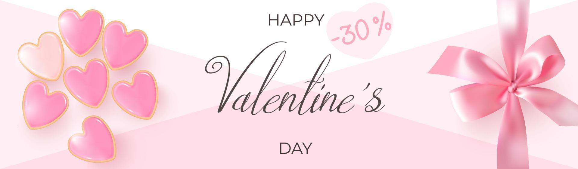 banner de descuento con galletas en forma de corazón y lazo de regalo rosa para el día de san valentín. vector