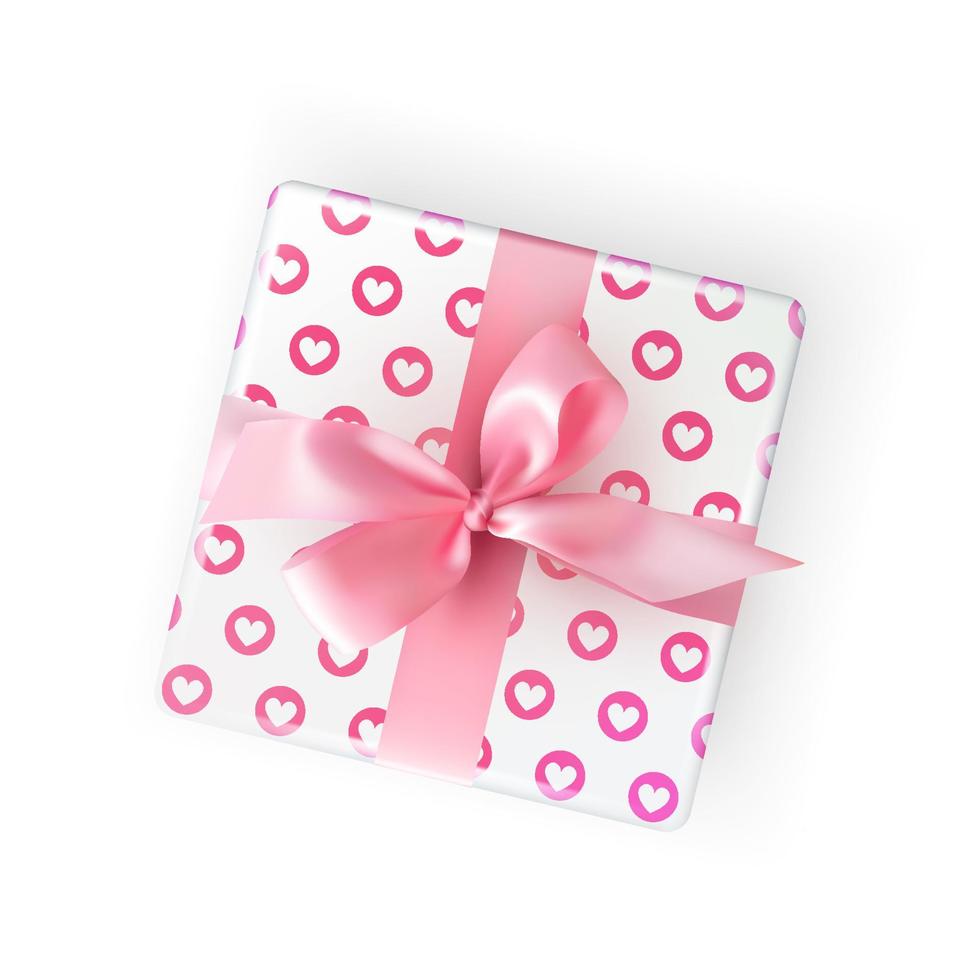 Gift box with pink ribbon and heart pattern. Vector illustration