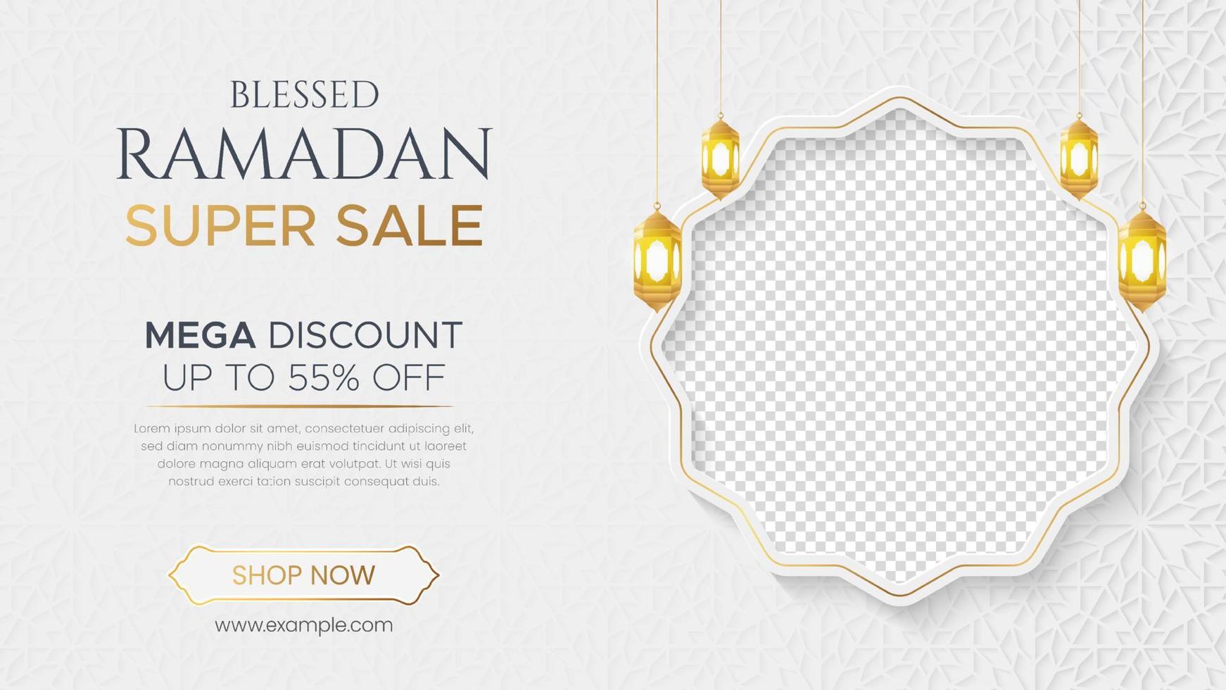 Ramadan Kareem Luxury Sale Banner, Islamic Ornament Lantern Background, Ramadan sale social media post with empty space for photo vector