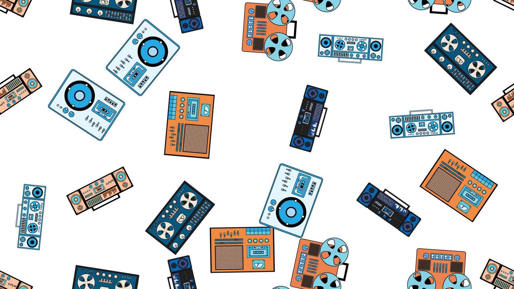 Seamless pattern endless with music audio cassette old retro tape recorders vintage hipster from 70s, 80s, 90s isolated on white background. Vector illustration