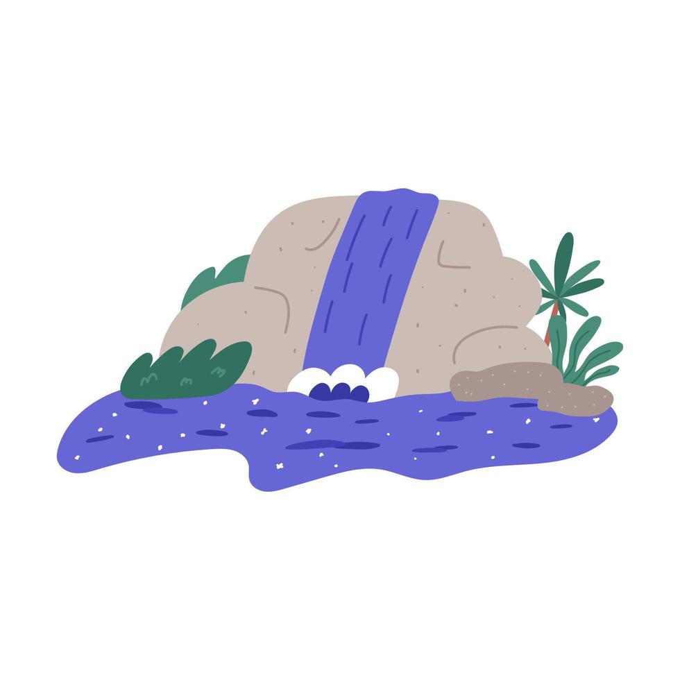 Waterfall on rocky cascade with palm trees, cartoon flat vector illustration isolated on white background. Cute waterfall in jungles, hand drawn drawing.