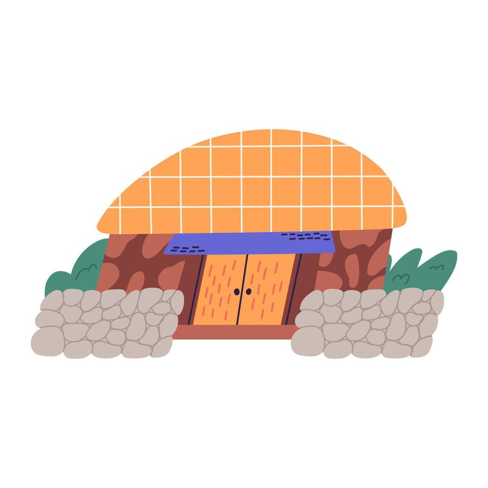 Jeju island Seongeup folk village, cartoon flat vector illustration. Hand drawn thatch house, farm rustic building. Korean jeju island landmark.