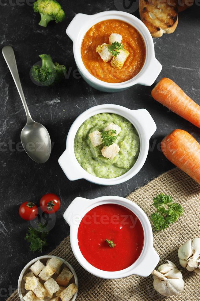 Homemade Colorful Vegan Vegetarian Soups. photo