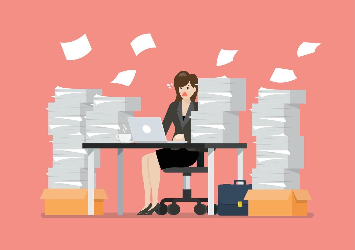 Busy overworked woman sitting at table with laptop and pile of papers in office vector