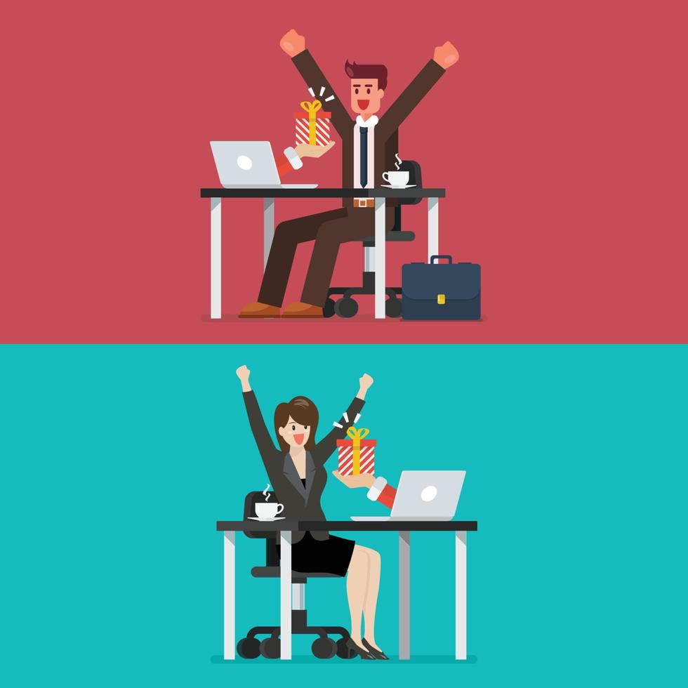 Happy businessman and woman getting gift box from his laptop vector