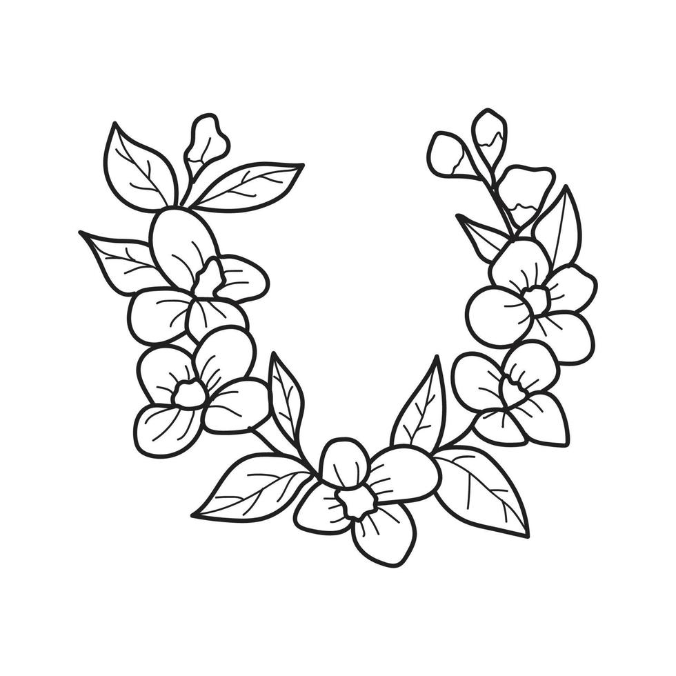 poner corona floral con hojas y bayas, elemento de diseño de corona de laurel, mano simple dibujada para invitación de boda, tarjeta de saludo, flores aisladas en fondo blanco. vector