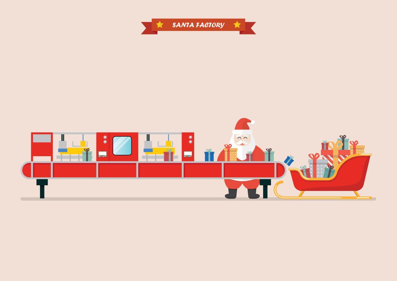 Santa sleigh waiting a gift boxes from robot belt machine vector