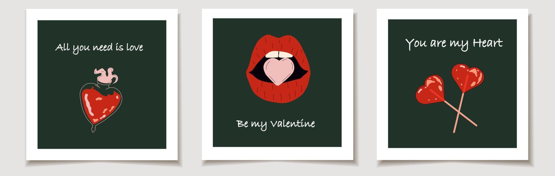 juego de tarjetas de san valentín con un juego de tres lindas pegatinas de amor vectorial sobre piruletas de fondo oscuro, labios, veneno. amor, día de san valentín. vector