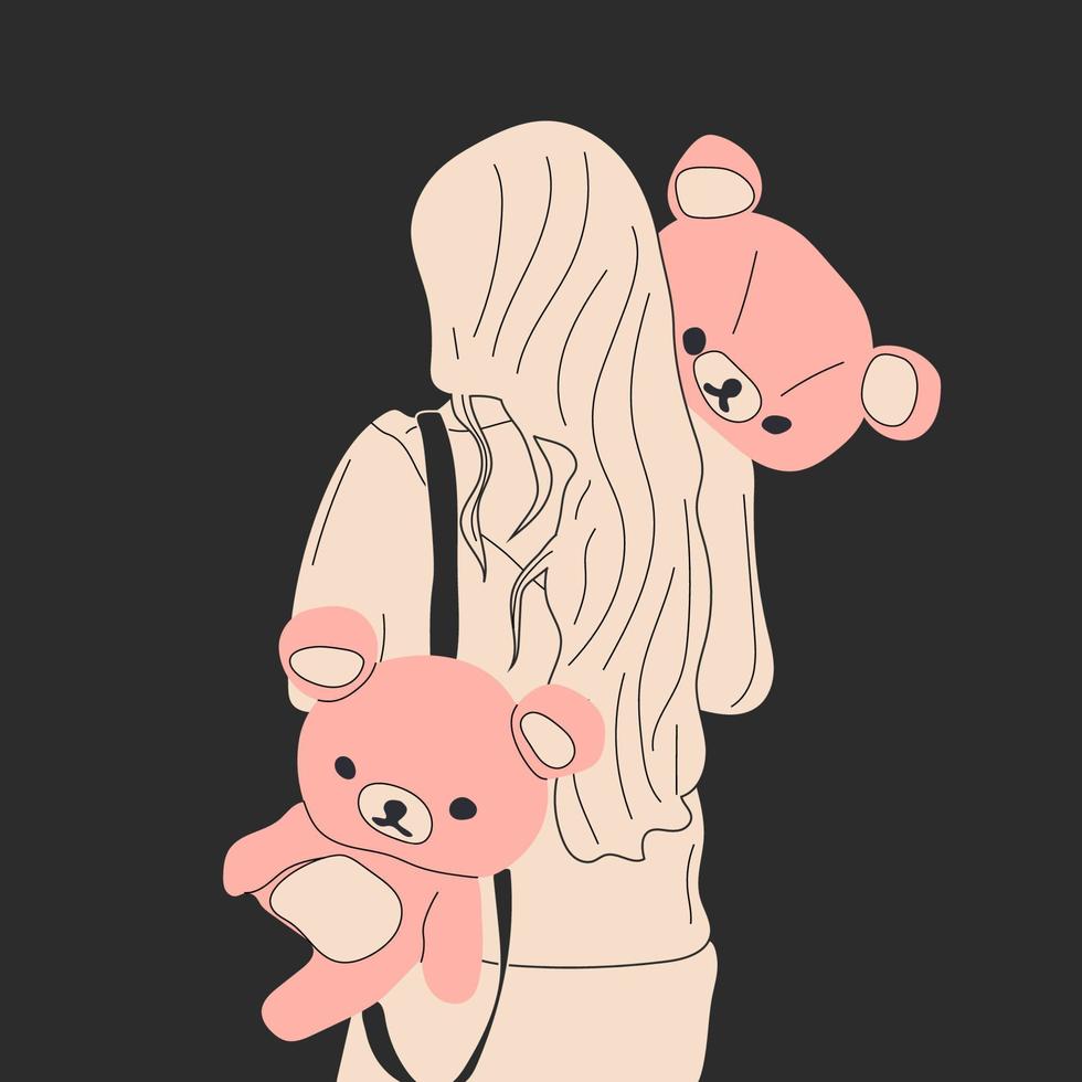 Pretty woman hug a giant teddy bear doll. Fashion girl illustration on dark background .Love, Valentine's Day. vector