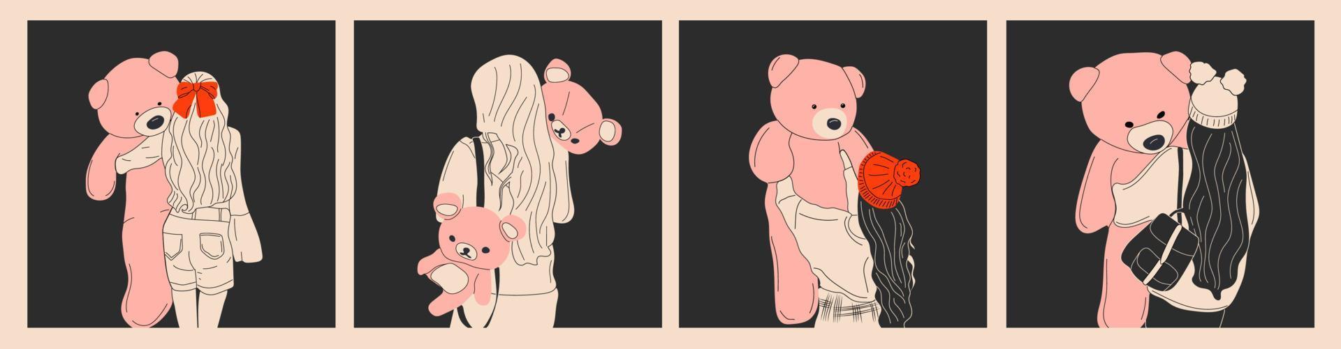 conjunto de cuatro mujeres bonitas abrazan a un muñeco de oso de peluche gigante. ilustración de chica de moda sobre fondo oscuro. amor, día de san valentín. vector