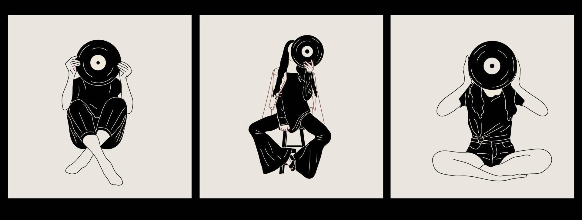 Set of three Girls holds an old vinyl record in her hands .Retro fashion style from 80s. Vector illustrations in black and white colors.