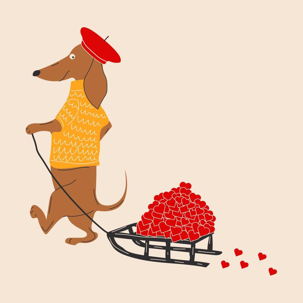 Dachshund dog pulls a hearts, valentines on a sleigh vector illustration