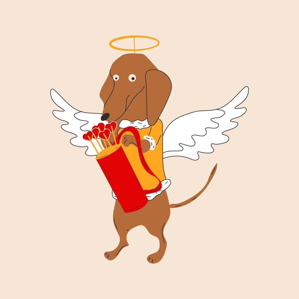un perro dachshund en una ilustración de traje de cupido sobre fondo blanco vector