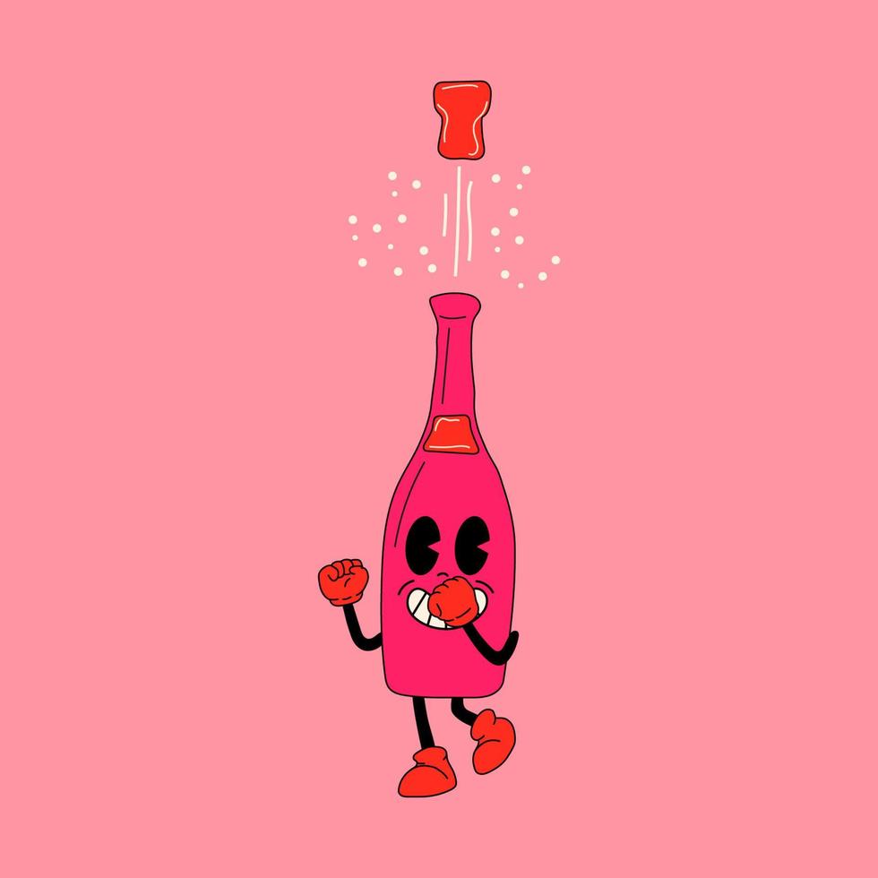 Champagne. 30s cartoon mascot character 40s, 50s, 60s old animation style.Valentine's Day concept vector