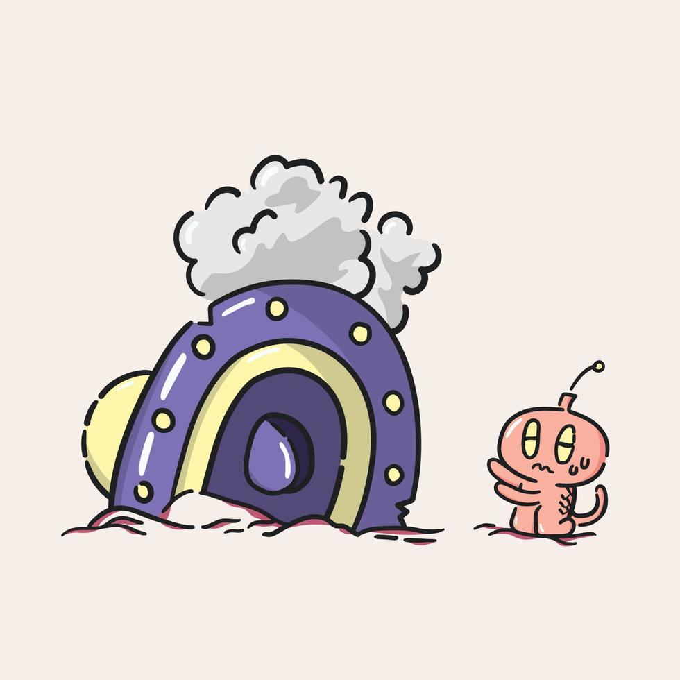 Cute hand drawn character with broken ufo vector