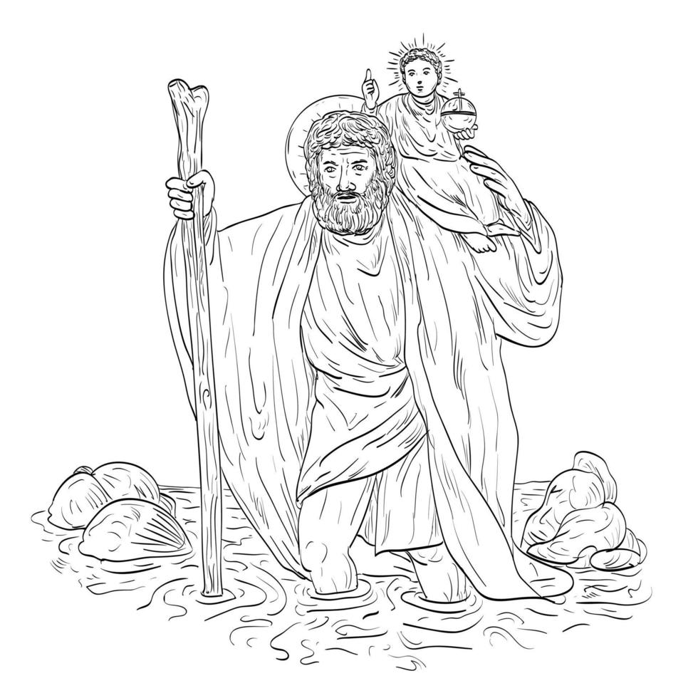 san cristóbal cargando al niño jesús cruzando el río estilo medieval dibujo de arte lineal vector