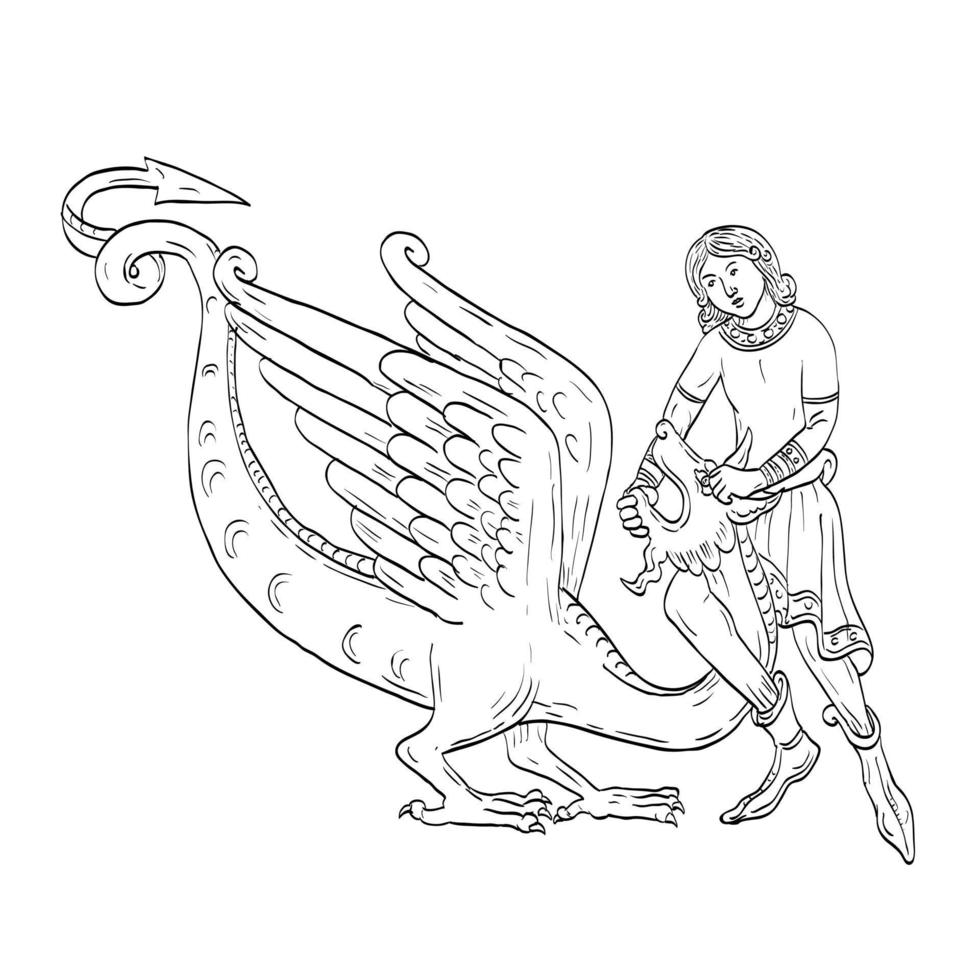 Saint George Fighting the Dragon Medieval Style Line Art Drawing vector