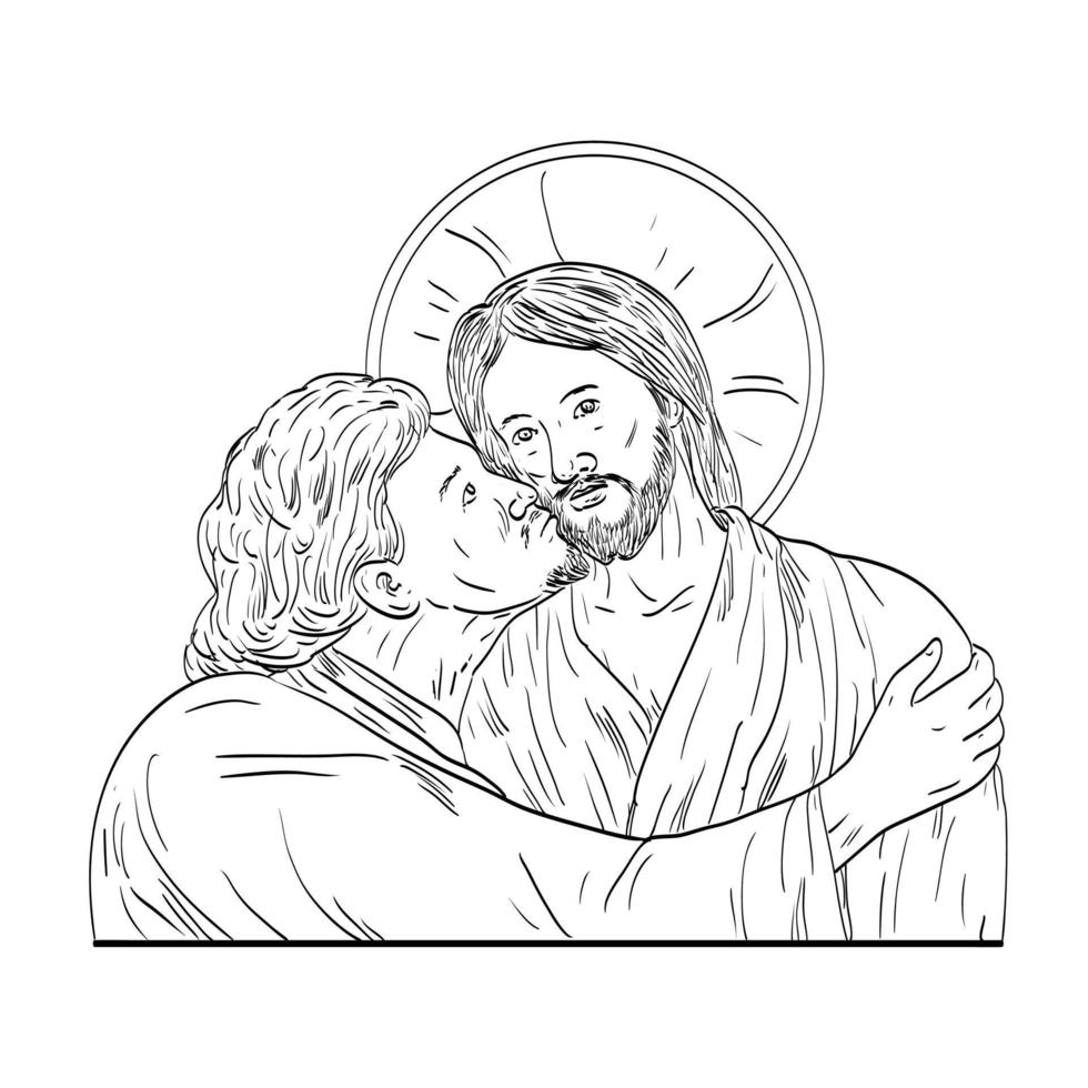 Judas Iscariot Betrayal of Jesus Medieval Style Line Art Drawing vector