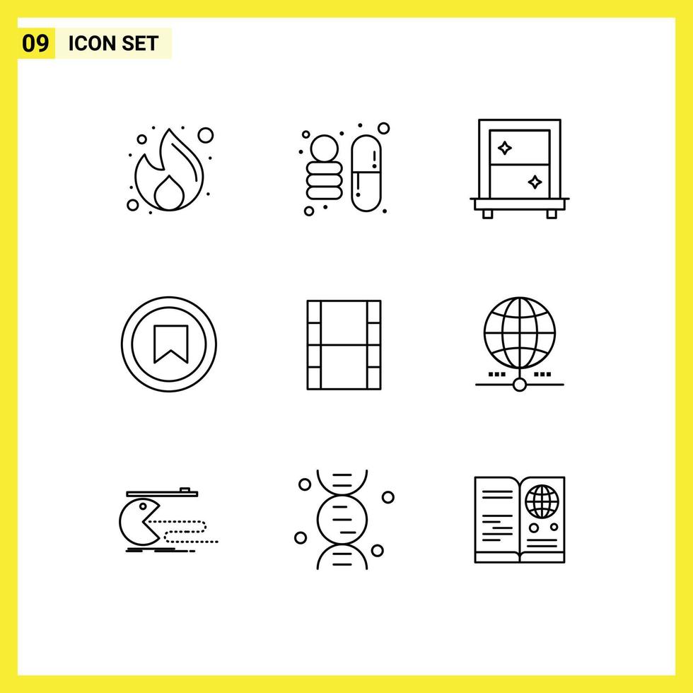 Modern Set of 9 Outlines Pictograph of filam video window user plus Editable Vector Design Elements