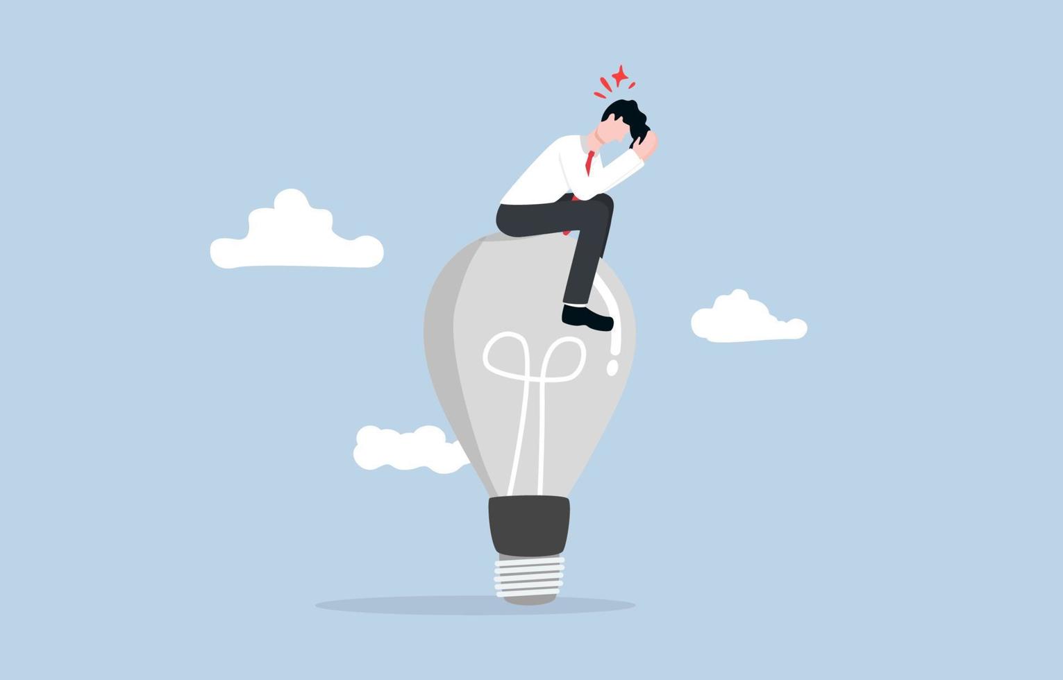 Burnout syndrome, emotional exhaustion in career, lack of creativity or new innovative idea concept, fatigued businessman sitting on old light bulb with with hands on head posture. vector