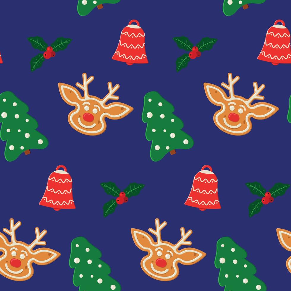 Seamless Christmas pattern with gingerbread cookies, tree, bell, mistletoe vector