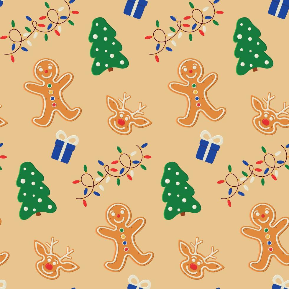 Seamless Christmas pattern with gingerbread cookies, tree, gifts, lights garland vector