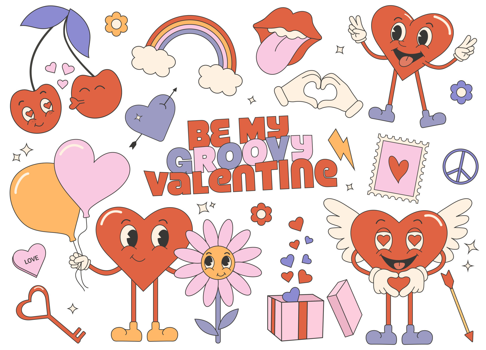 Retro Valentine Sticker Bundle, Retro Valentines Stickers Bu