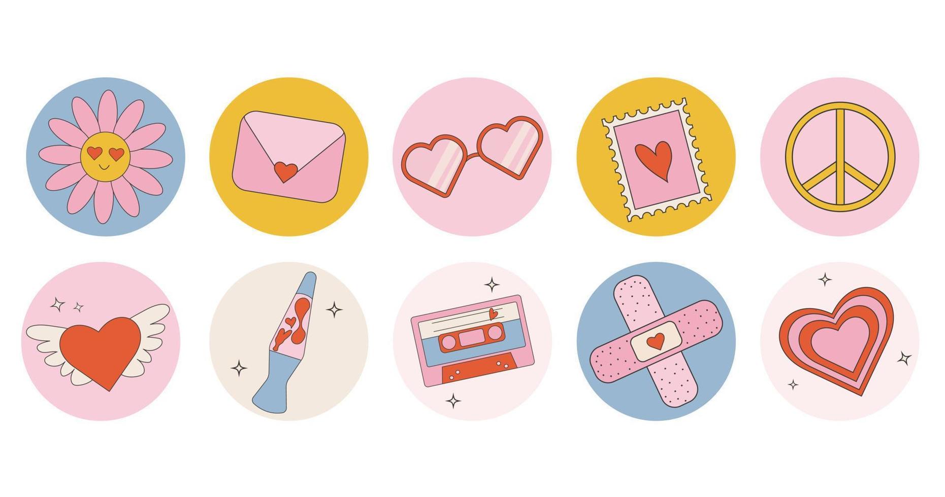 Collection of valentines day stickers in retro groovy style vector