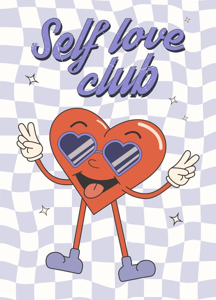 Retro groovy valentines day greeting card, banner, poster, invitation. Self love vector