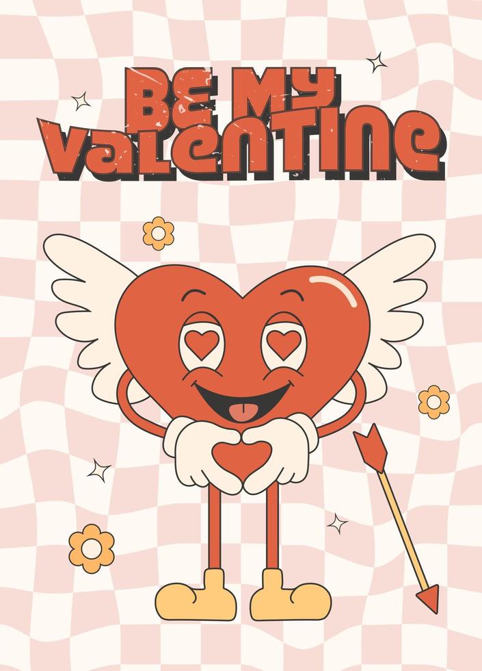 Retro groovy valentines day greeting card, banner, poster, invitation. vector