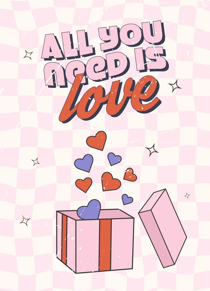 tarjeta de felicitación del día de san valentín retro, pancarta, afiche, invitación. caja llena de corazones vector