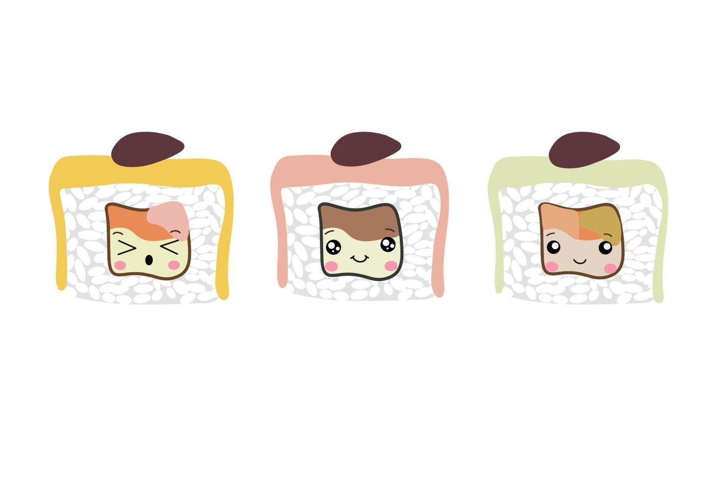 un conjunto de iconos vectoriales de deliciosos rollos de sushi de colores al estilo de kawaii. una colección de diferentes sabores y variedades vector