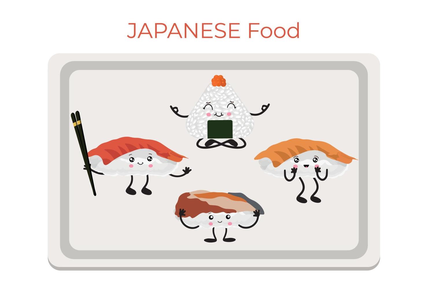 Vector illustration of Onigiri and sushi in the style of kawaii. Japanese fast food made of rice stuffed in the form of a triangle of nori seaweed.