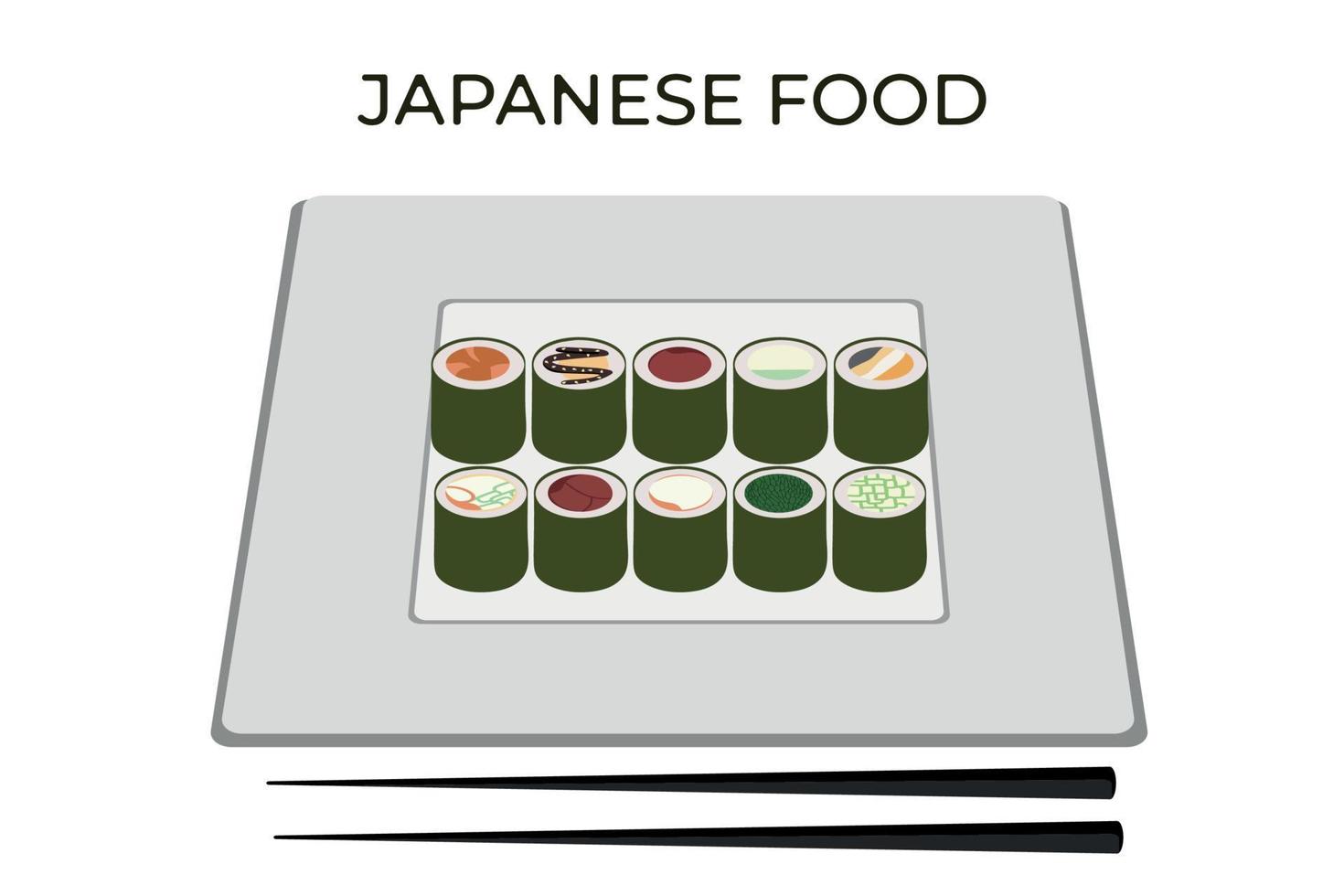 A set of vector icons of delicious colored sushi rolls. Traditional Japanese cuisine. Asian seafood group. Flat style.