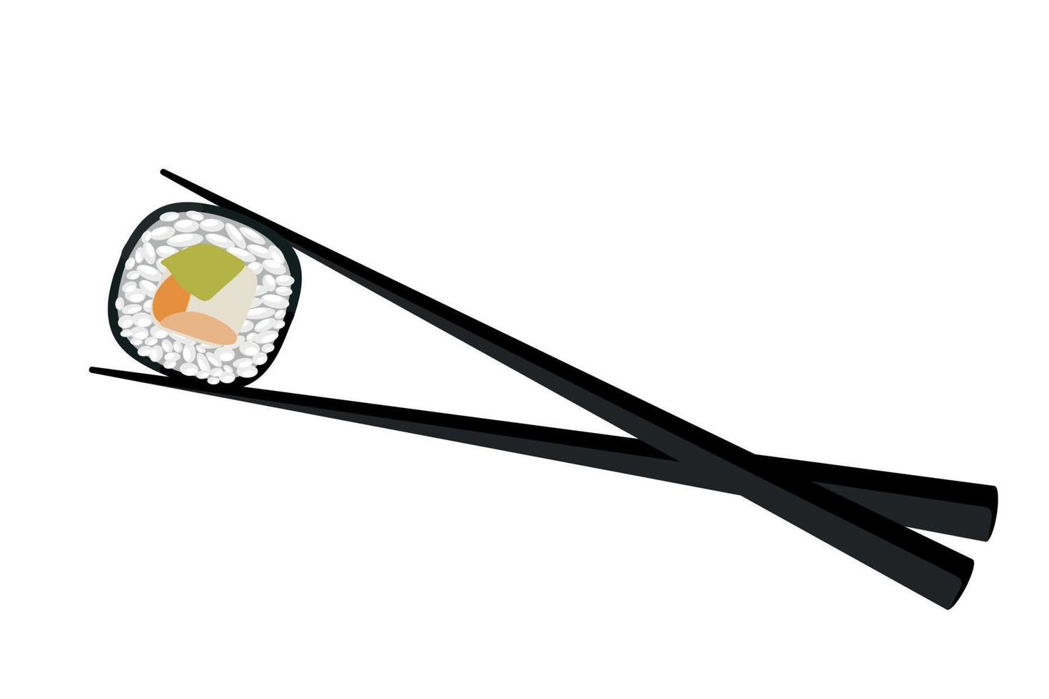 Chopsticks holding sushi. Conceptual illustration of snacks, sushi, exotic food, seafood. Template for sushi restaurant, cafe, delivery vector
