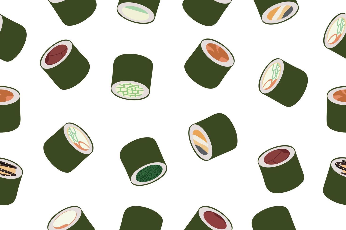 Seamless pattern of sushi rolls. Vector design of Asian cuisine isolated on a white background