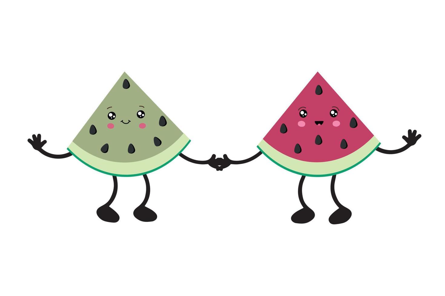 Pieces of watermelon in the style of kawaii. Vector illustration isolated on a white background