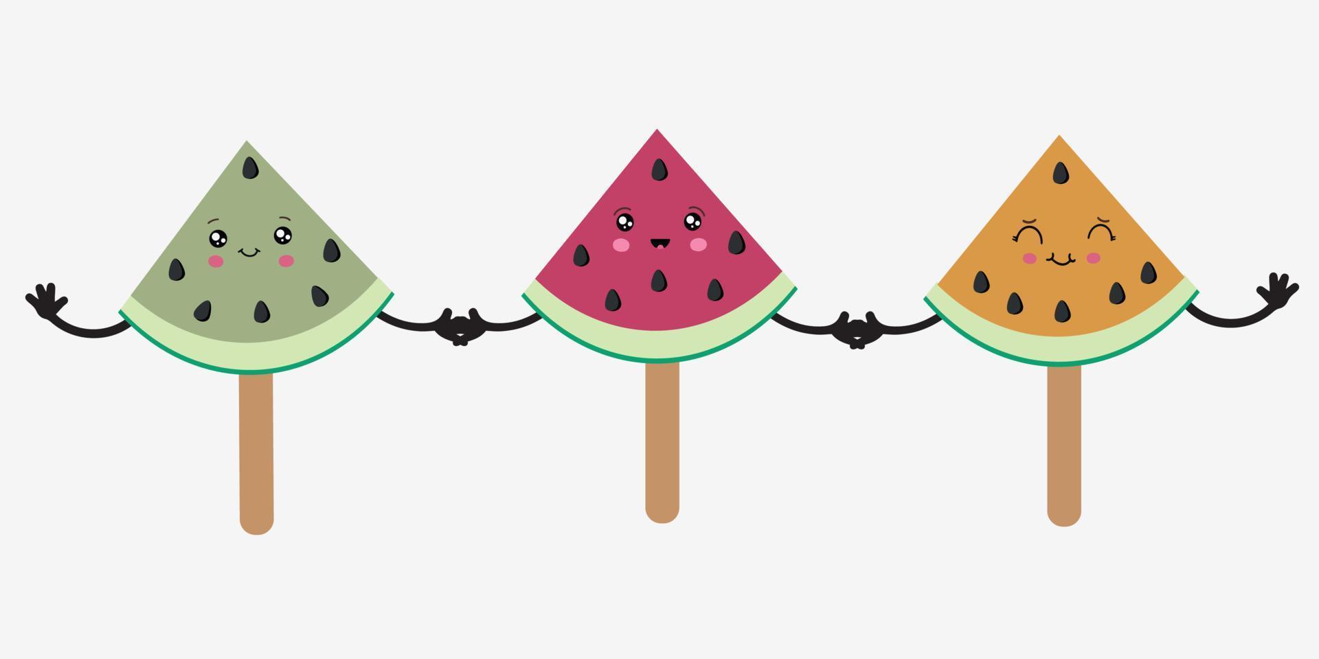 Fruit Ice Cream on a stick in the shape of a watermelon. Fun at sea. Vector illustration isolated on a white background.