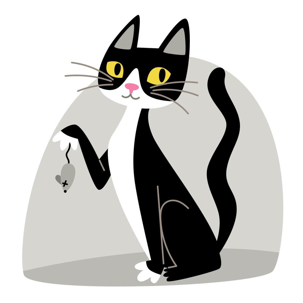 Black and white cat caught a mouse, flat style illustration vector