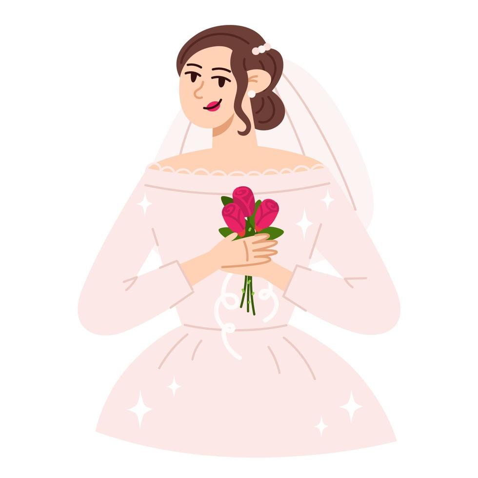 Beautiful bride in trendy wedding dress with a bouquet of roses in a flat style vector