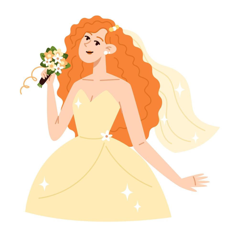 Beautiful bride in trendy wedding dress with a bouquet of flowers in a flat style vector