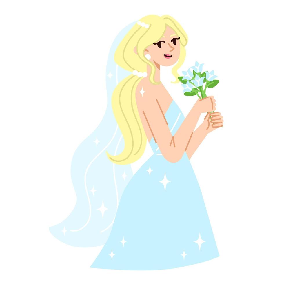 Blonde beautiful bride in trendy wedding dress with a bouquet of flowers in a flat style vector