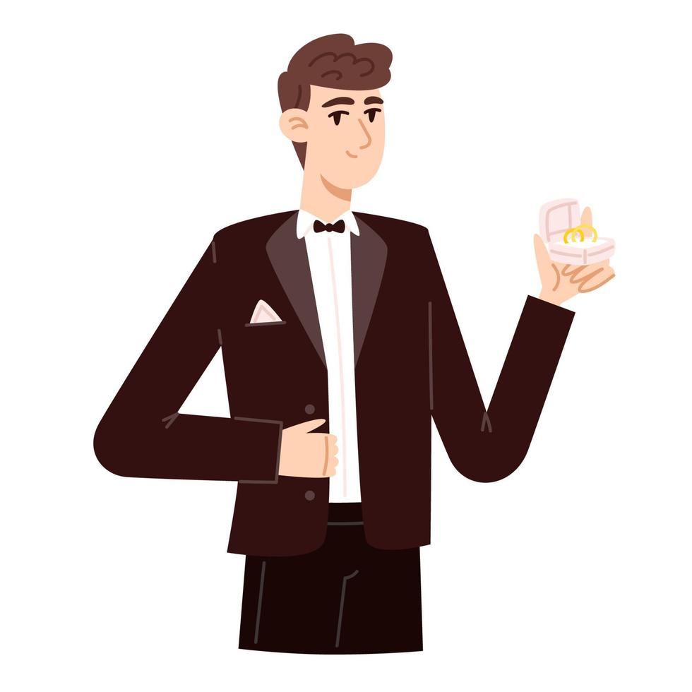 novio con anillos de boda, ilustración de estilo plano vector