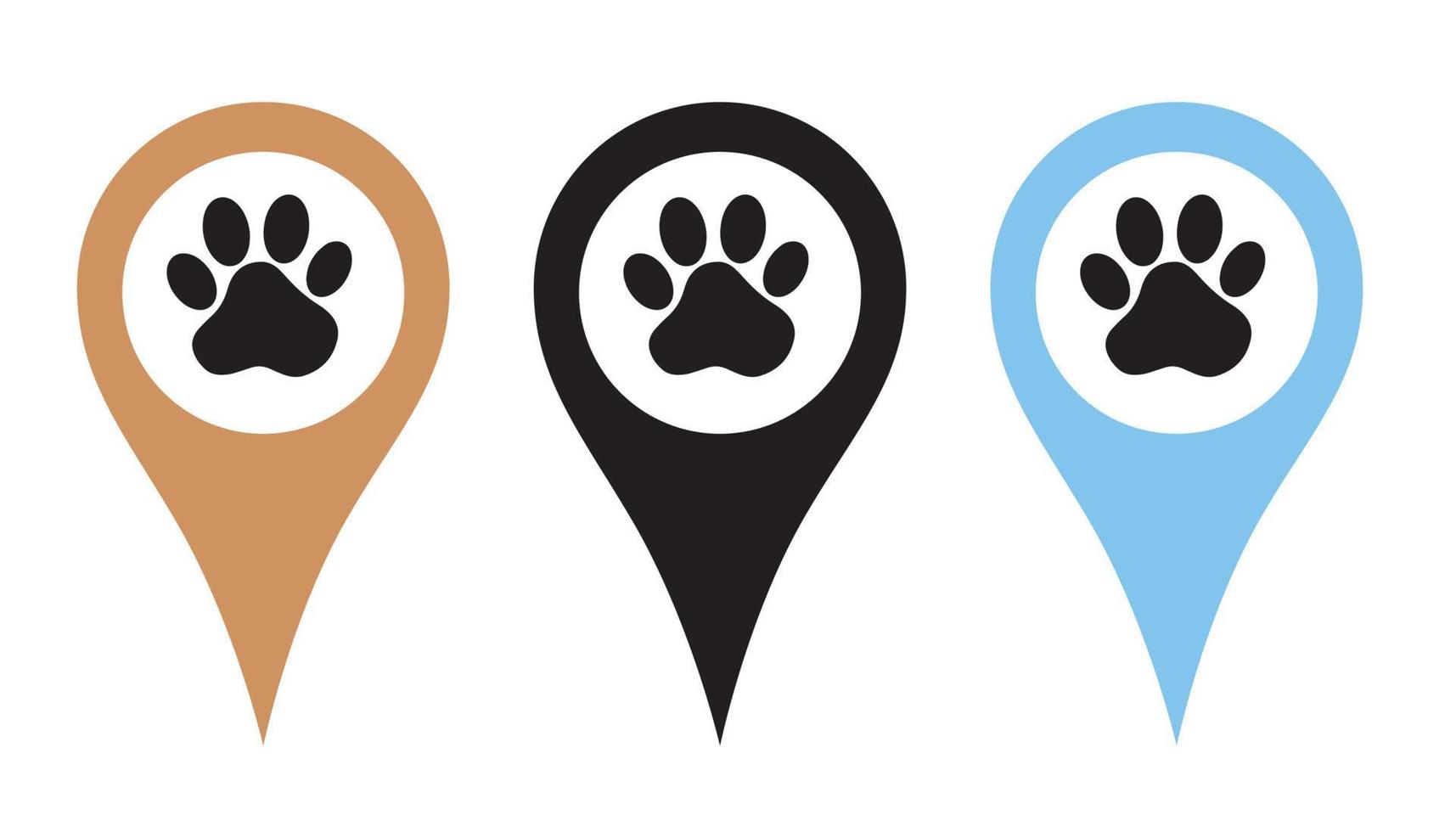 Location pin set. Pins indicating the location of a veterinary clinic, pet store, animal care center. Badges paw prints. Vector illustration in flat style