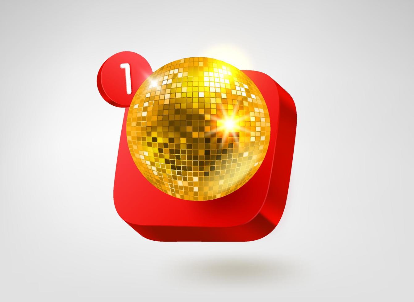 Gold glass disco ball on red button. 3d vector mobile application icon