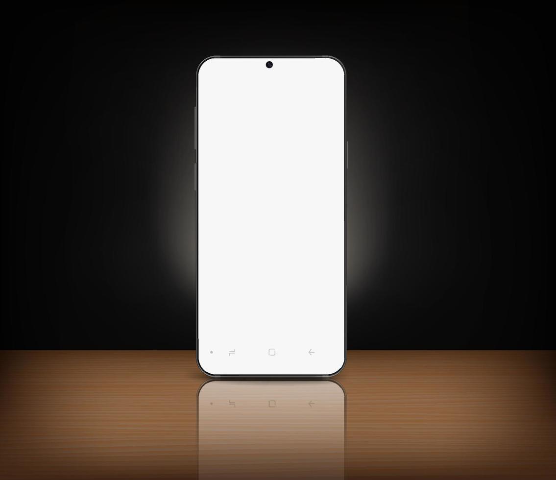 Modern mobile phone with white screen and reflection on a table. 3d vector mockup