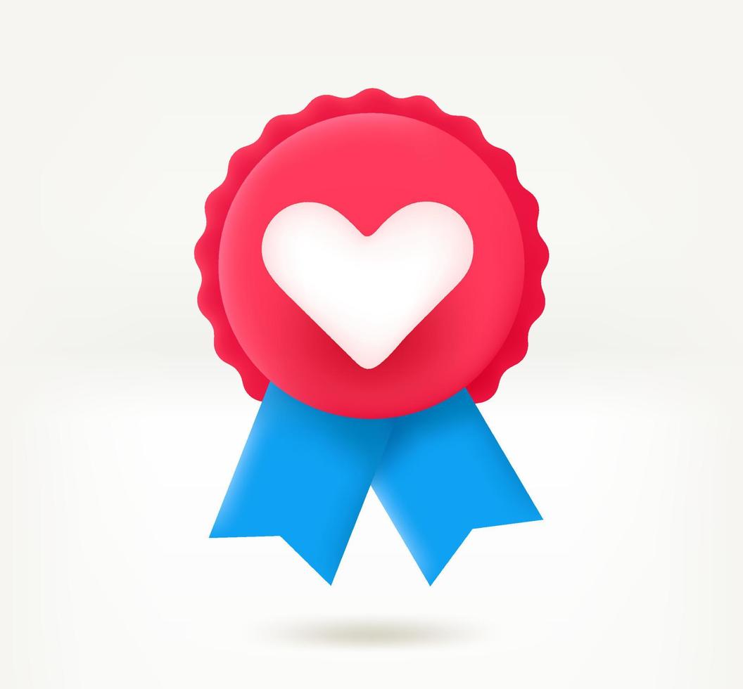 Red insignia with heart. Achievement concept. 3d vector icon