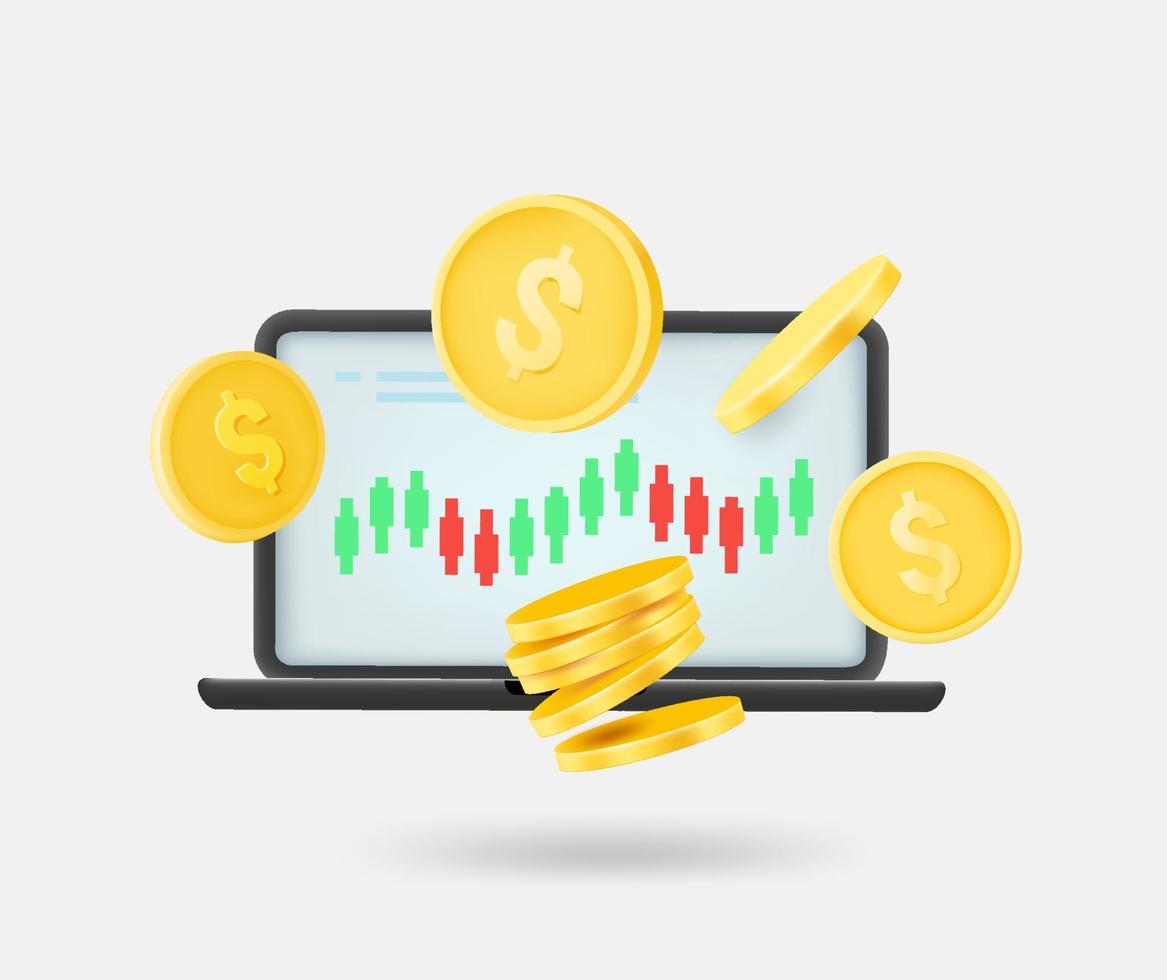 Online trading concept with laptop, chart and coins. 3d vector isolated illustration
