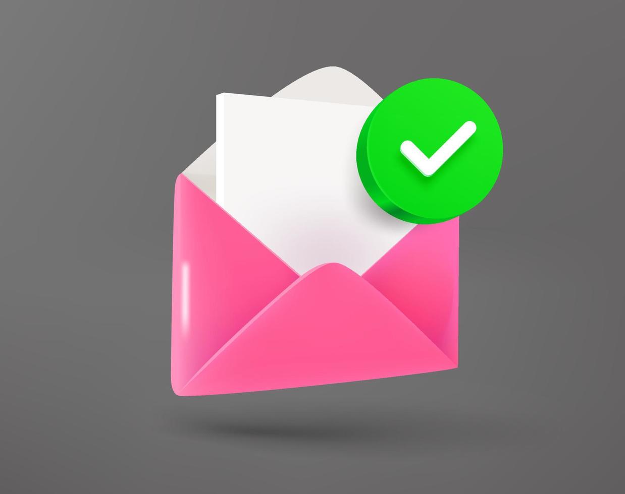 Pink envelope with paper sheet with green checkmark. 3d vector icon