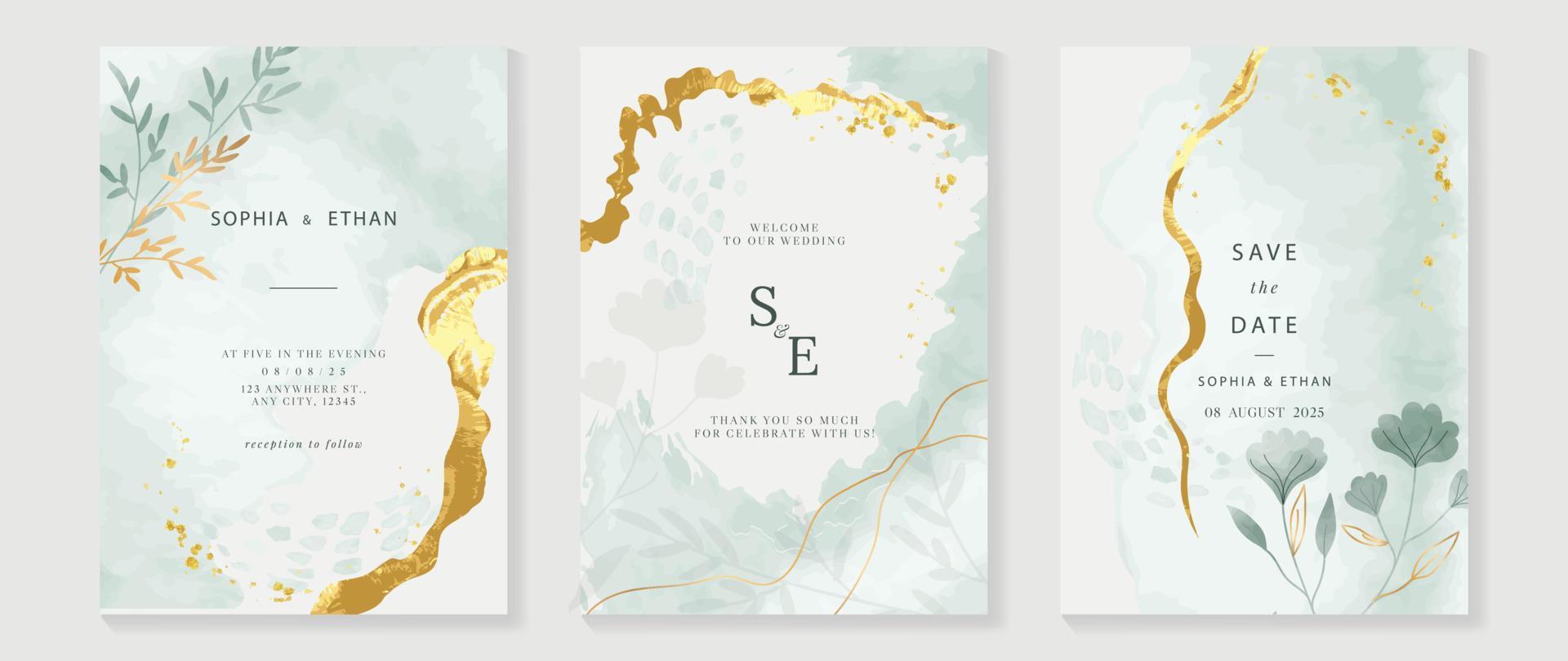 Luxury wedding invitation card background with golden texture line art template. Watercolor flower and botanical leaf branch background. Design illustration for wedding and vip cover template, banner. vector